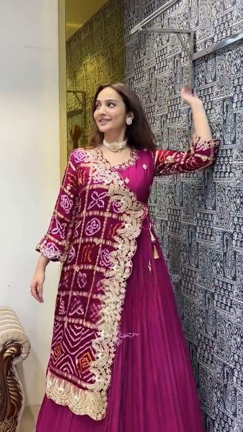 Royal Rani Pink Bandhej Anarkali Set with Embroidered Gota Work Dupatta